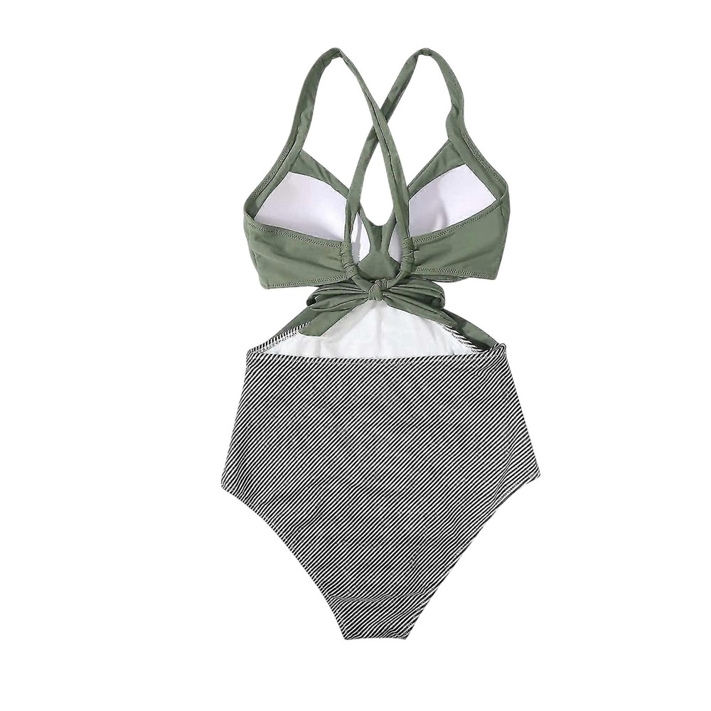 Womens Olive Green Striped Halter One Piece Swimsuit Women's Size M - Picture 3 of 4